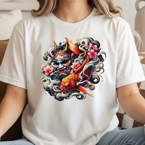 Gildan White Tee with Koi and Floral Design
